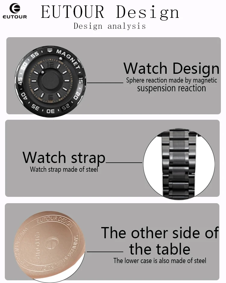 Eutour 026 New Hot Sale Magnetic Sphere Pointer Watch Men Fashion Simple Quartz Watches Stainless Steel Black Wristwatches