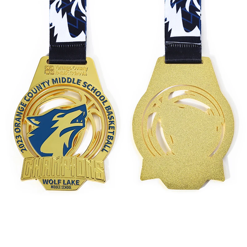 Oem Factory 3D Enamel Gold Basketball Medal Custom Design Wolf Lake Middle School Student Medal for Basketball Game