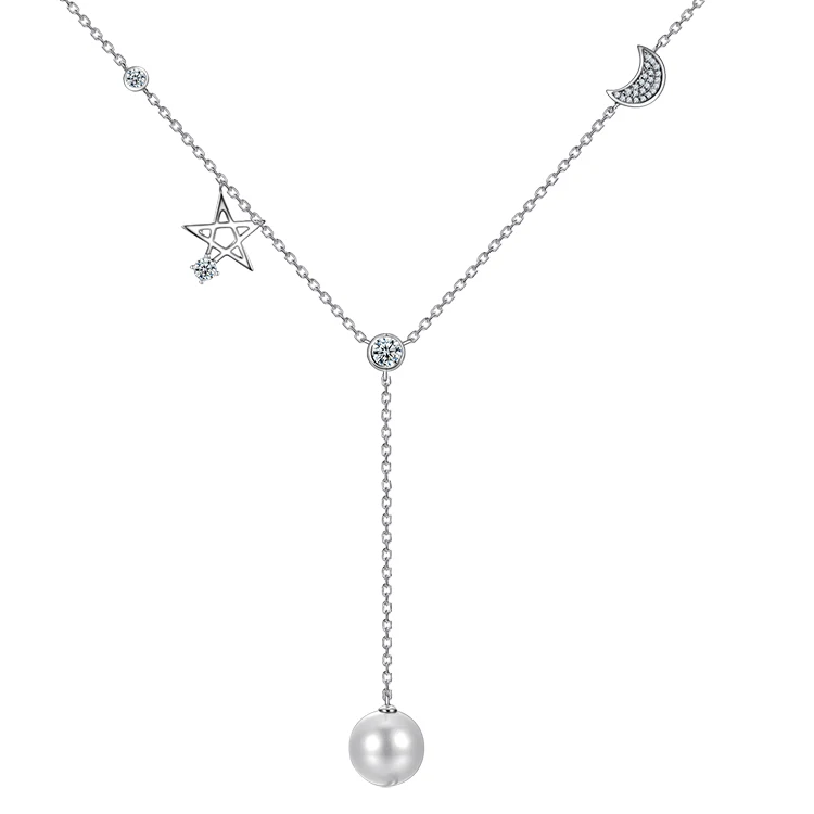 Classic Silver Jewelry Moon Star Charm Chain Women Shell Pearl Necklace Long Pearl Necklace
