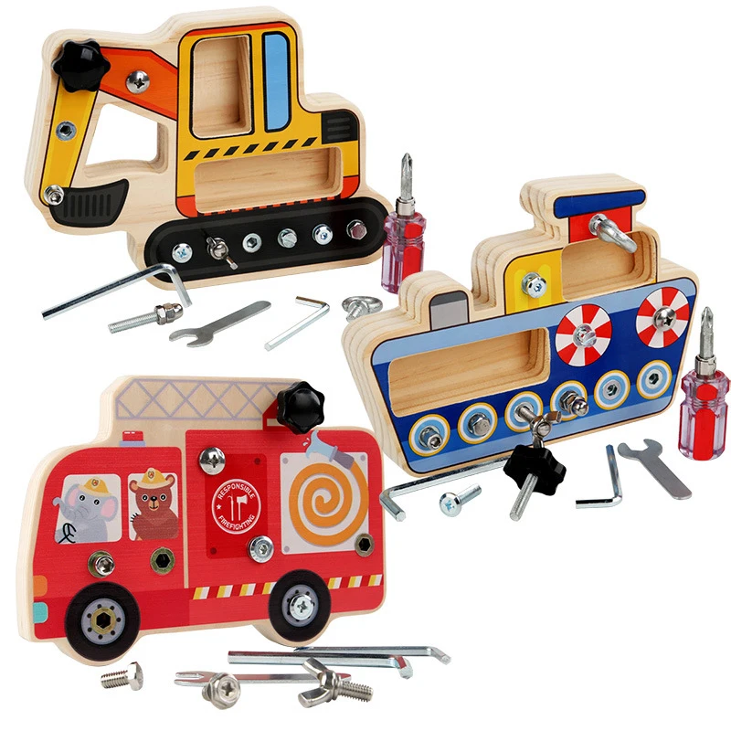 Children Wooden Simulation Disassembly Screw Nut Fire Truck Combination Montessori Early Education Busy Board Disassembly Toy