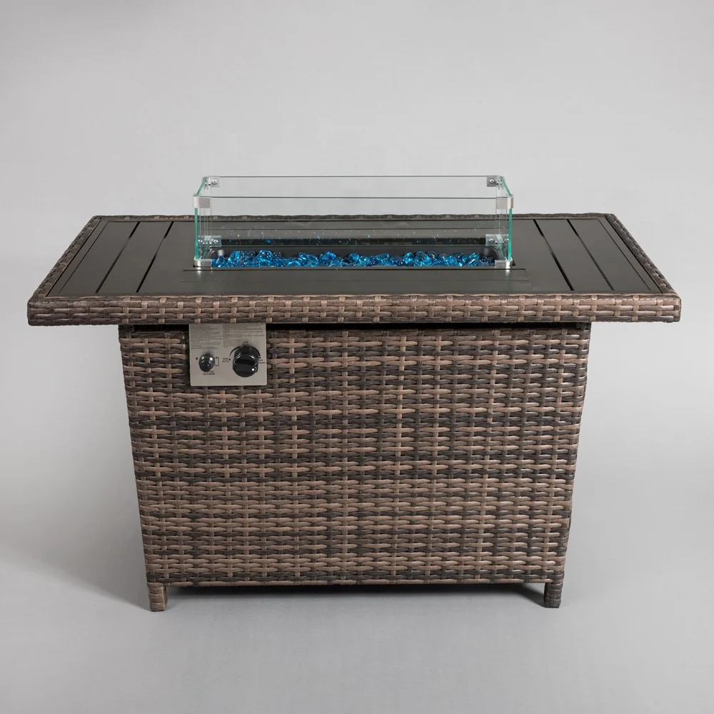 Oniya Metal Outdoor Propane Heater 50,000 BTU Backyard 43in Rattan Fire Pit Table With Wind Guard