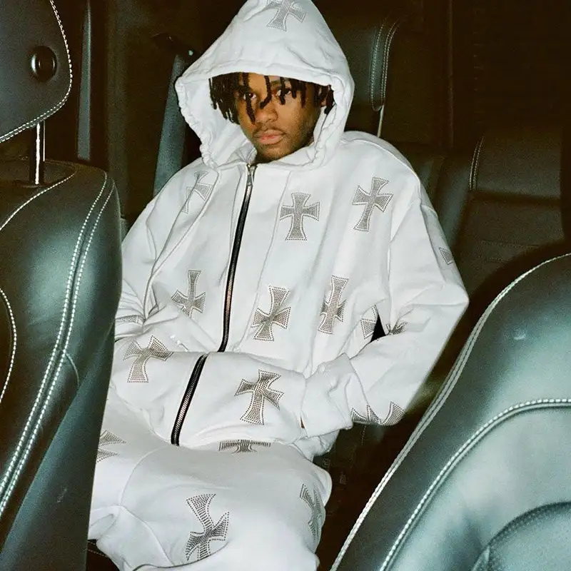 Y2K Full Zip Up Streetwear Cross Rhinestone Logo 500Gsm Anti Pilling Cotton Unisex Oversized Mens Gothic Hoodie