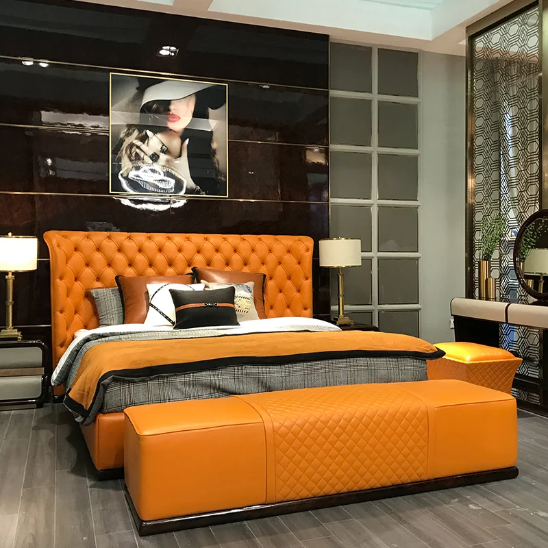 Modern design Nordic italy style solid wood leather bed