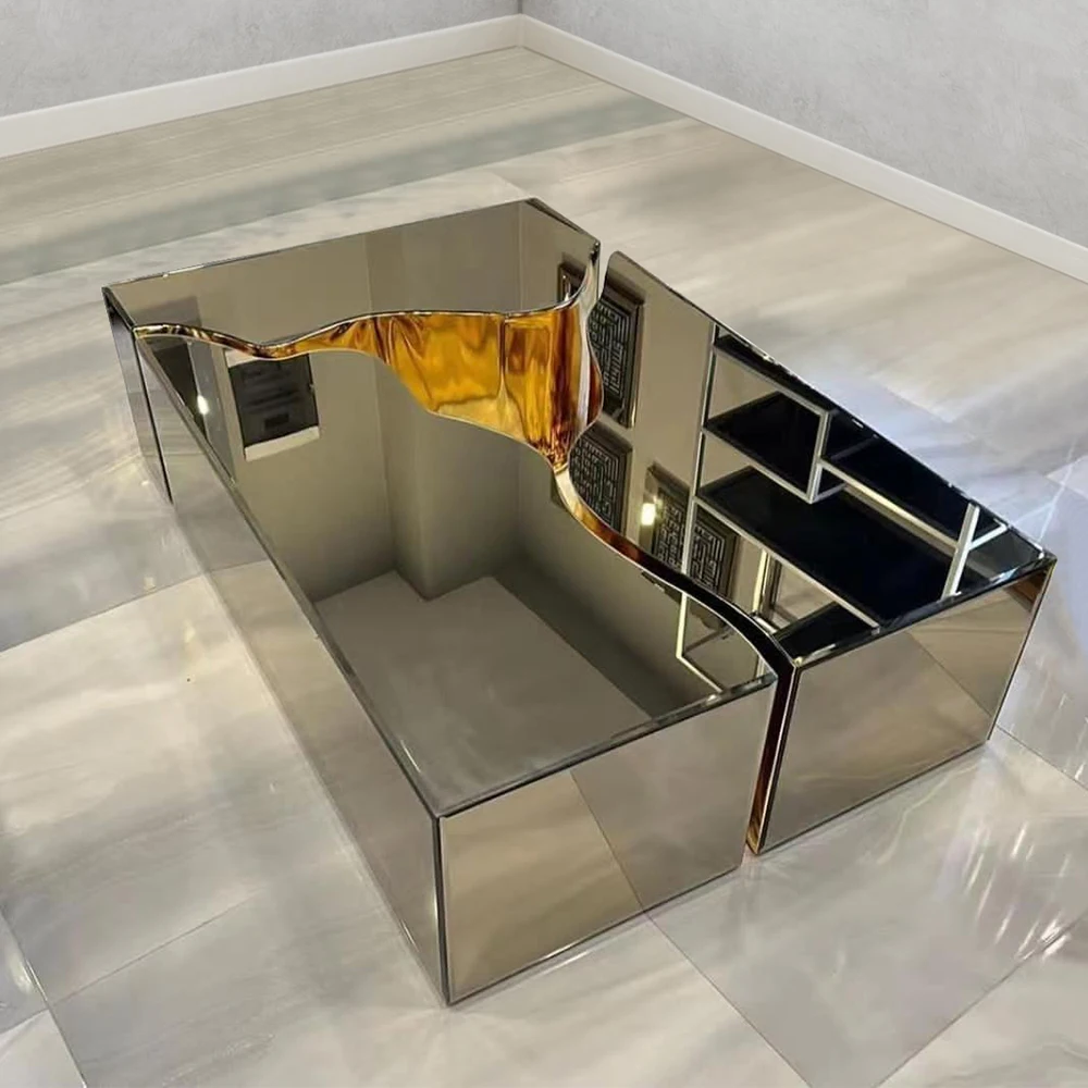 Europe luxury living room furniture popular style brass crack mirror glass coffee table