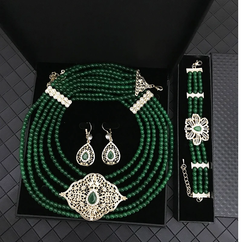 French American favorite handmade beaded necklace earrings bracelet set chain Muslim bridal wedding dress necklace women jewelry