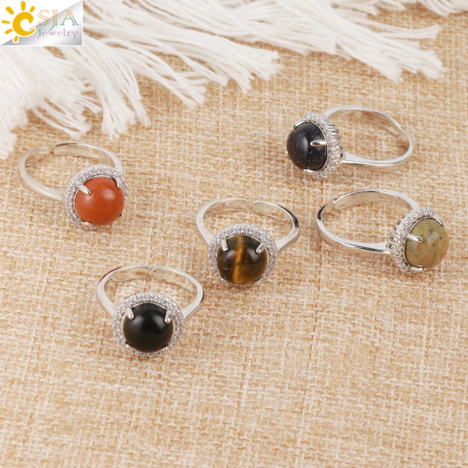 CSJA Trendy Jewelry Luxury Zircon Ring Natural Stone Round Cabochon Turquoise Rose Quartz Crystal Rings For Women Teen Girl H263