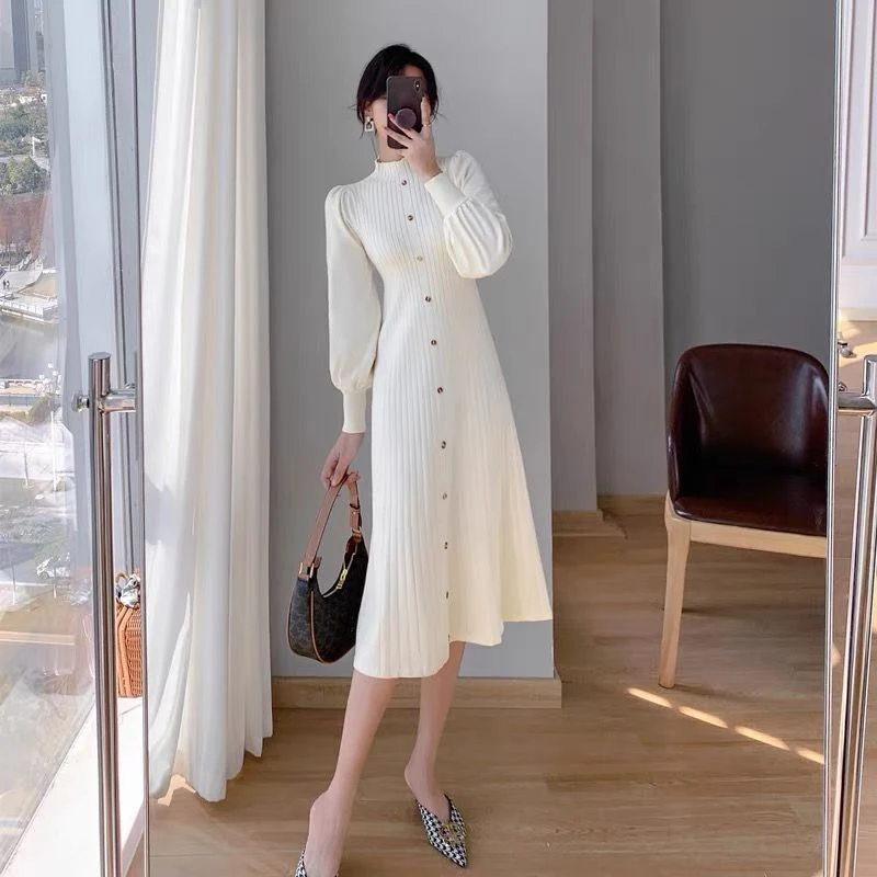 Autumn and winter mock neck mid-length knee-length jumper dress bubble sleeve inner knitted long sleeve dresses