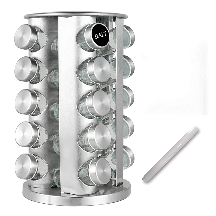 Stainless Steel Rotating 20Pcs Jars Round Seasoning Cabinet Kitchen Farmhouse Racks Countertop Revolving Spice Organizer Rack