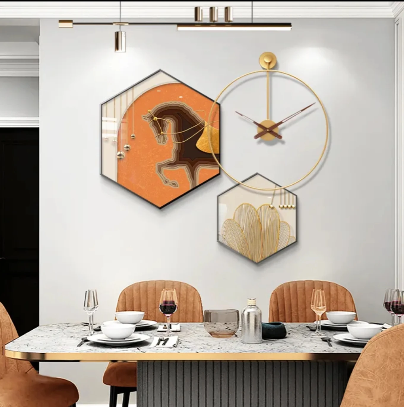 Dining room decorative painting hexagonal combination hanging painting kitchen dining table painting with clock high-grade mural