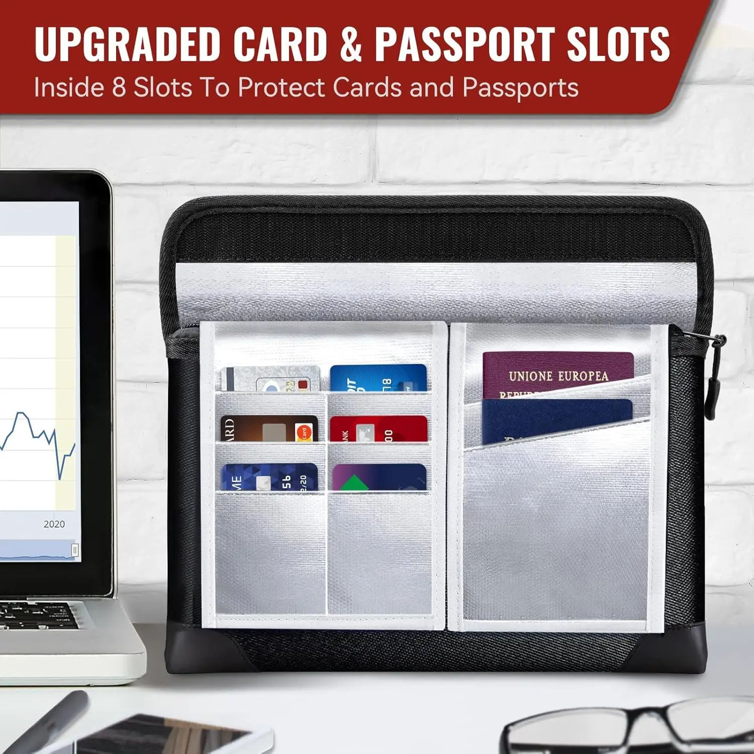 8 slots heat-insulated  Fireproof document bag 30X21 cm zippered important documents and valuables storage bag