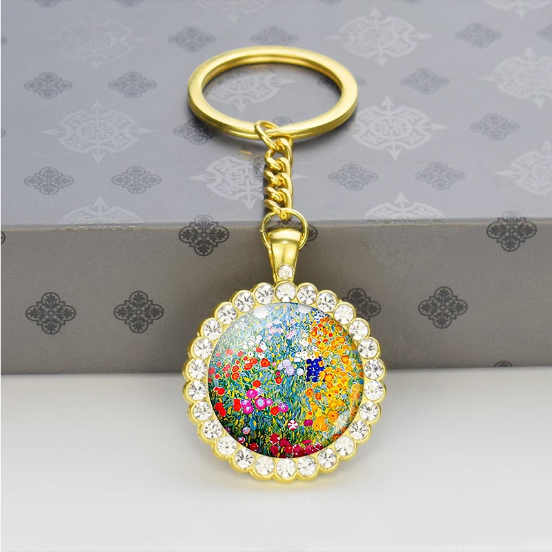 Bling Keychain for Women Gustav Klimt the Kiss Rhinestone Craft Golden Key Pendant Couples Gifts for Boyfriend and Girlfriend