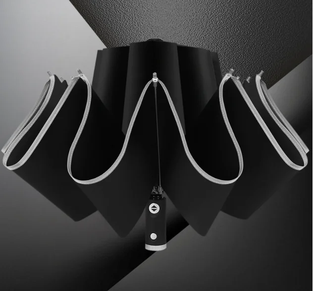 Wholesale 23 Inch 10 Ribs Business Gifts 3 Fold Inverted Reverse Reflective Led Light Handle Automatic Umbrella With Logo Print