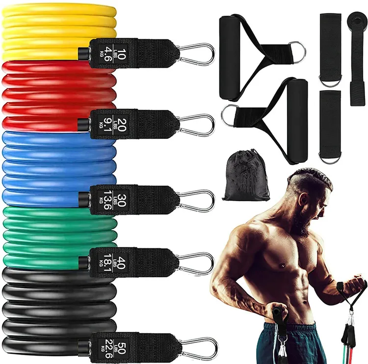 Custom Fitness Long Latex Training Yoga Tubes Pullup Elastic Pull Rope 11pcs 11 Pcs Resistance Band Bar Set With Handle For Yoga