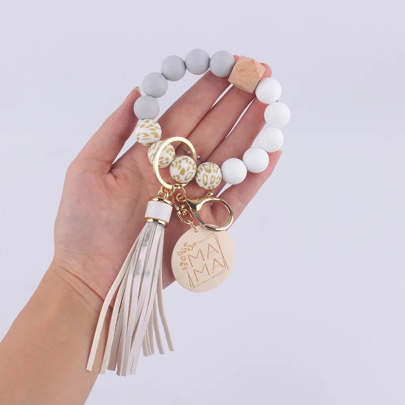 Silicone Beaded Wristlet Bangle ChainCute Key Ring Bracelet Car Key Chain Silicone Leopard Wristlet Keychain with Leather Tassel