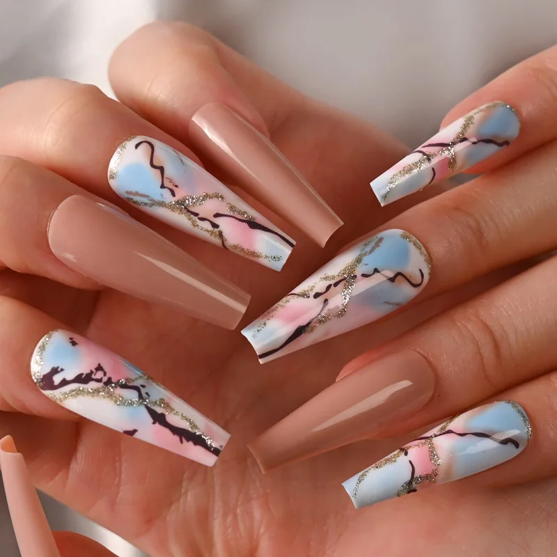 Loved by Europe and United States artificial nails finished false long marbled nail patches press on nails