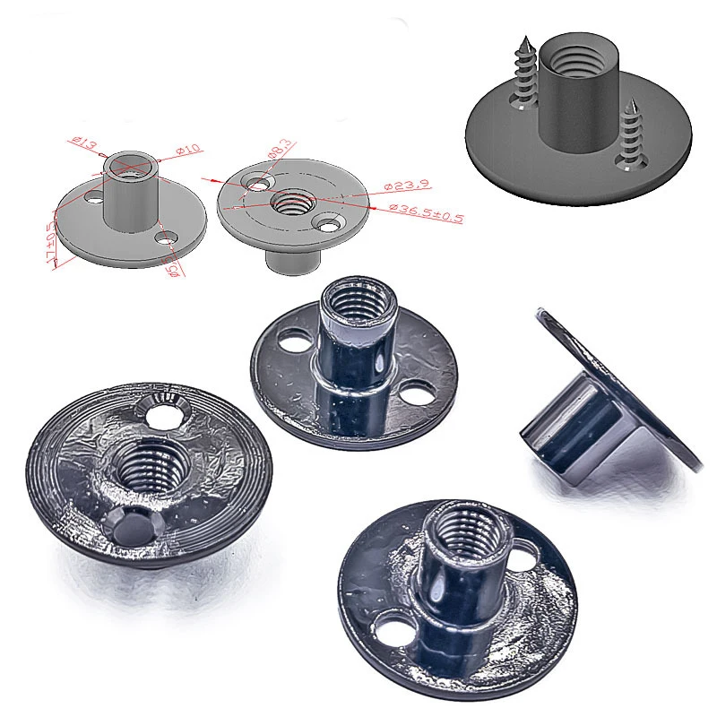 Climbing iron carbon steel M10 round base 2 brad hole tee t nut with dimple