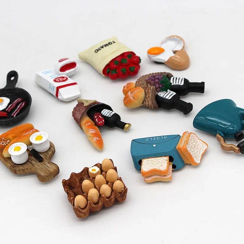 3D Decoration Magnetic Refrigerator Sticky Note Bread Machine Tomato Egg Teapot Milk Toy Custom Food Fridge Magnet For Children