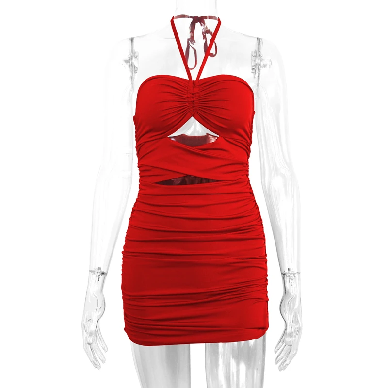2022 trendy halter backless adjustable chest hollow out pleated bodycon mini dress sexy style for ladies to party or club