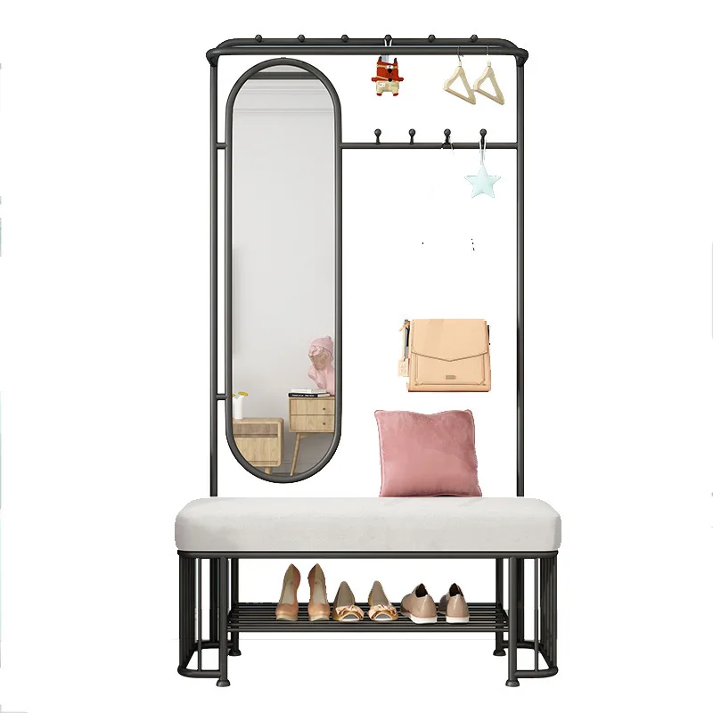 Home Easy Assembly Free Standing Garment Portable Hanger Metal Frame Coat Rack With Shoe Storage Bench