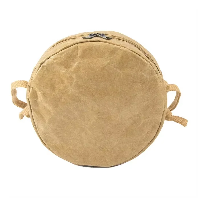 Small Size Tyvek Paper Brown Paper Mini Durable Tote Bag Round Wallet With Pocket Button Zipper for Travel Shopping School Work