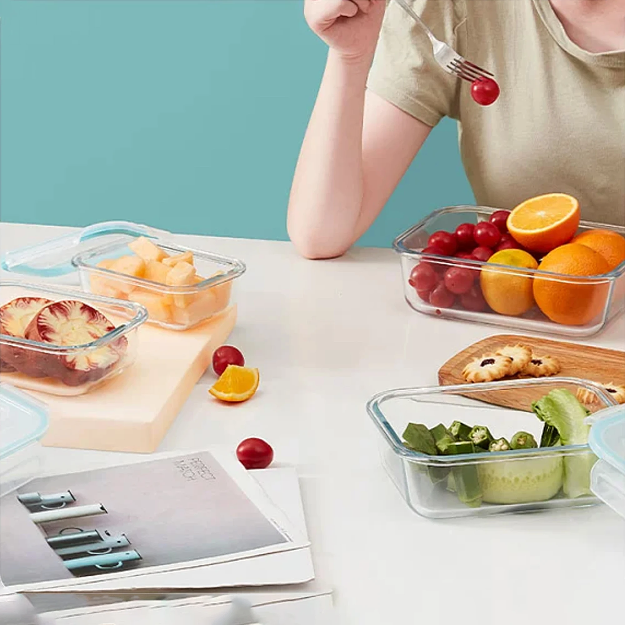 Индивидуальный офисный Ланч-бокс, контейнер для хранения пищевых продуктов из боросиликатного материала, кухонные стеклянные контейнеры с пластиковыми крышками