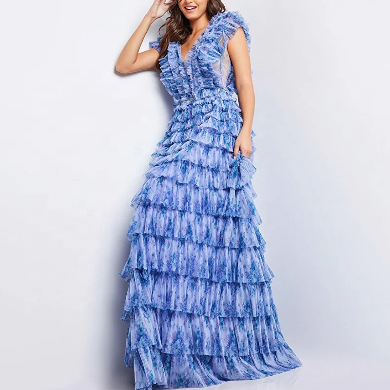 PD2412 designer custom dress multicolor floral print low v neck ruched pleated ruffles long a-line prom dresses women