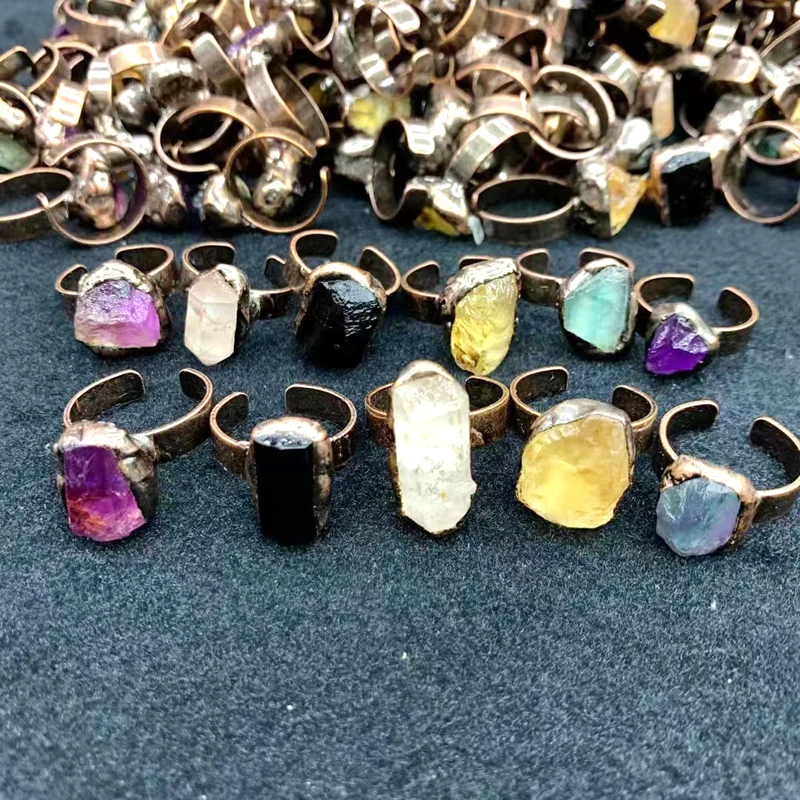 Natural Adjustable Gemstones Crystal Rings Raw Stone Amethyst Rose Quartz Finger for Valentine Gifts