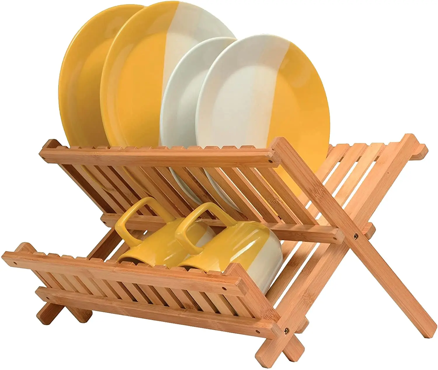 Bamboo 2-Tier Kitchen Plate Rack Collapsible Dish Drying Rack for Kitchen Countertop