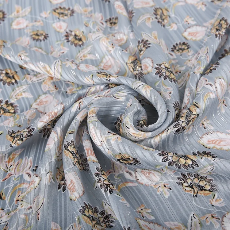 Polyester floral printed silver lurex glitter crinkle crepe chiffon fabric for women dress korean textile wholesale