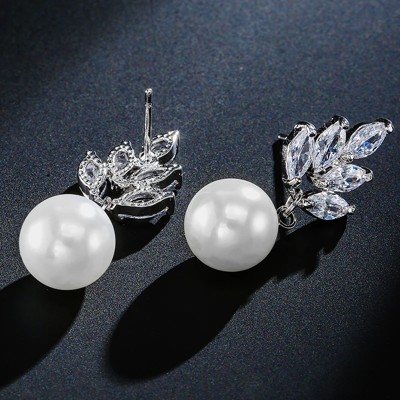 RAKOL EP499 Luxury wedding cubic zirconia bridal zircon crystal CZ big pearl earrings