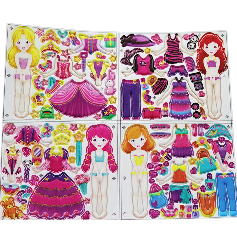 Custom Beautiful Girls Princess Dress 3D Cartoon Clothing Puffy Adhesive Sticker for Kids