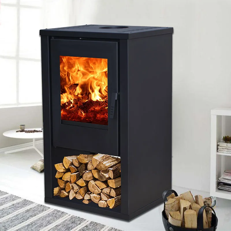 Xuzhou indoor heating steel wood fireplace with firewood rack storage wood fire stove log burner