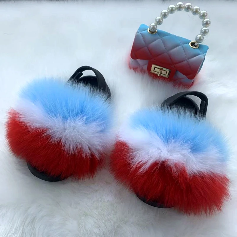 Wholesale Full Raccoon Faux Fox Fur Slippers Slides With Purse Set For kid