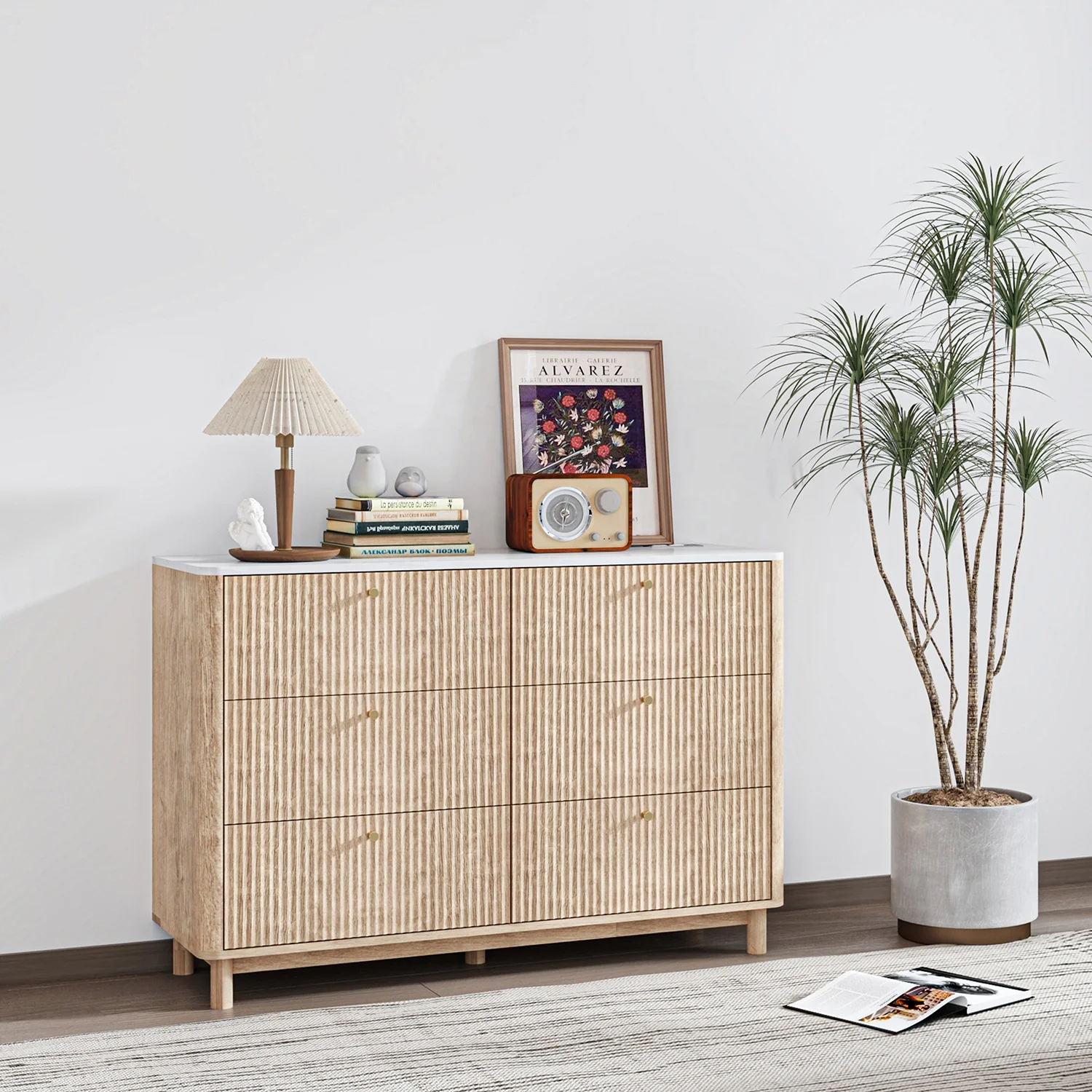 Modern fluted panel living room bedroom storage chest cabinet wood dresser 6 drawers, chest of drawers