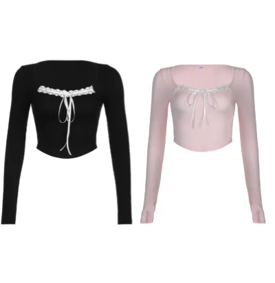 Ecoparty Cute Pink Y2k Top Women Sweet Coquette Square Neck T-Shirts Slim Fit Short Knitwear Ribbon Bow Long Sleeved Basic Tees