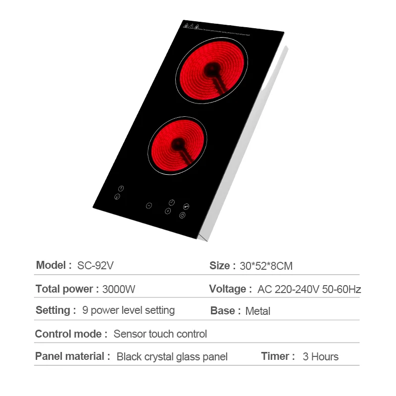 Good Quality Touch Screen 3000W 9 Power Sensor Control Electric Double Ceramic Induction Infrared Cooker