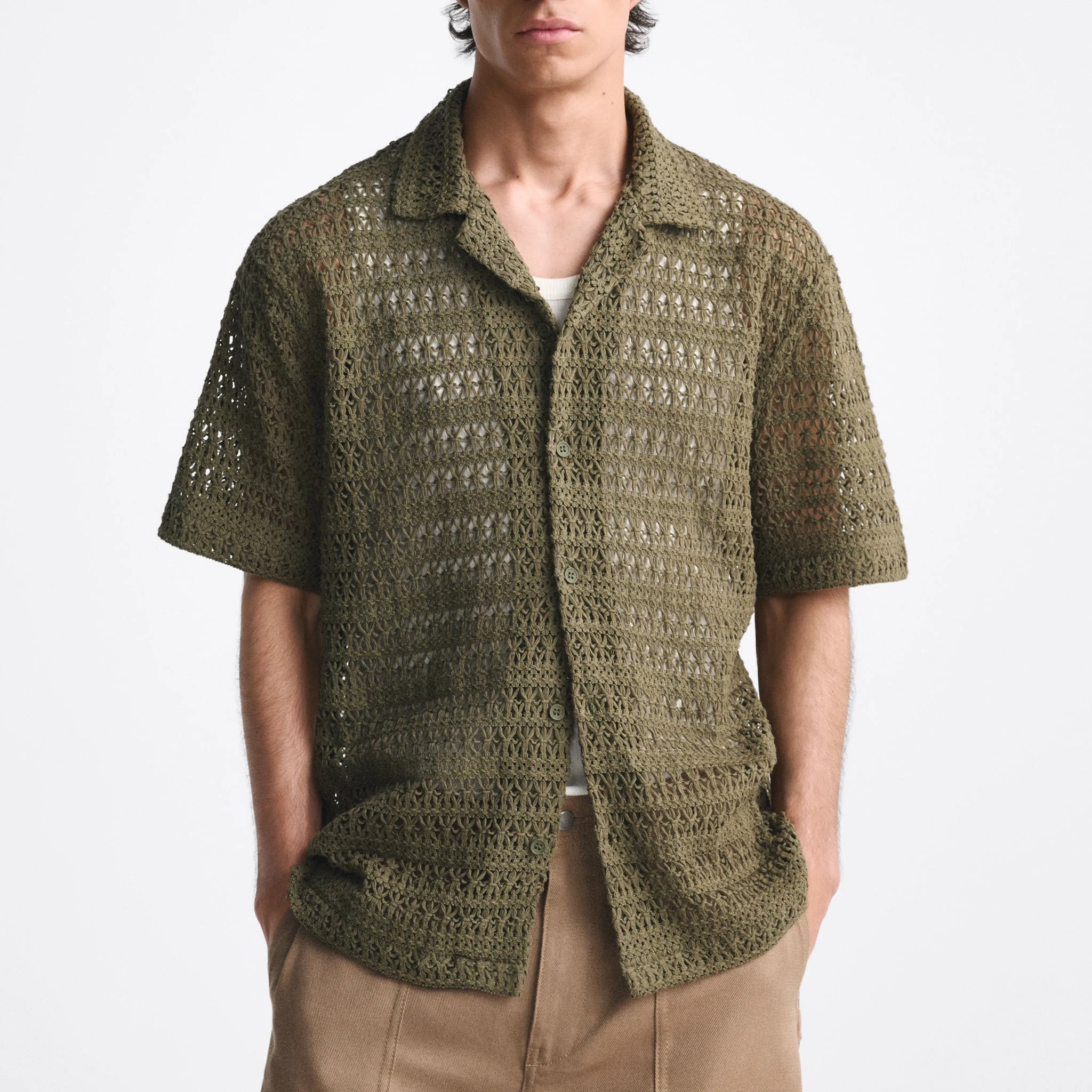 Wholesale custom men summer short sleeve single breasted hollow out crochet knitted shirt sweater cardigan