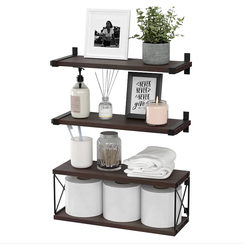 Set Of 3 Wall Mounted Floating Shelf Wood Bathroom Shelves With Extra Storage Shelf