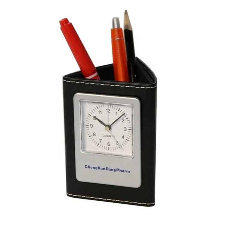 LG-B014D Triangle Prism PU Leather handmade customized Pen Holder With Clock / Photo Framed Pencil Case / Pen Cup
