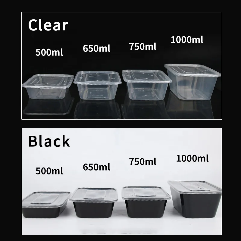 500ml-1000ml Clear Black white Rectangular Disposable PP Food Box Take Away Microwaveable Plastic Food Containers