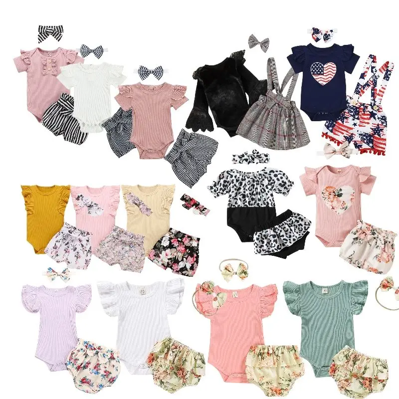 Newborn Baby Girls Clothes 3Pcs Infant Ruffled Long Short Sleeve Romper Pants Dress Set Outfits