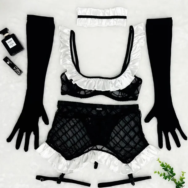 Sexy Maid Outfit Sheer Net Spliced Lace Trim with Gloves Erotic Lingerie Bodysuit Women Ladies Cosplay