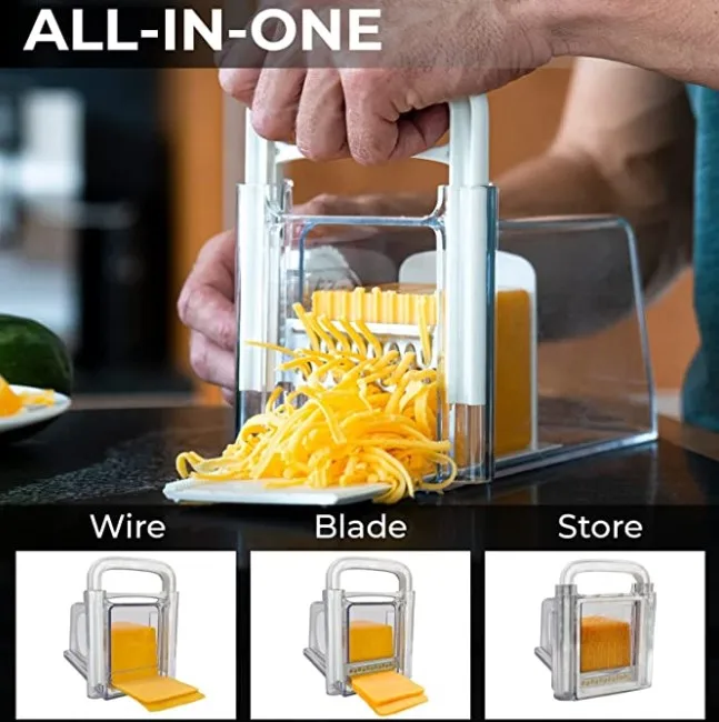 Cheese Chopper 4-in-1 | Cheese Grater with Handle, Wire and Blade Attachments | Instant Fridge Storage | up to 2lb Blocks