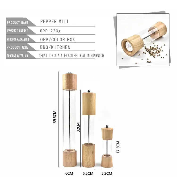 Large Size Acrylic Salt and Pepper Grinder Set, Manual Salt and Pepper Mills- Wooden Shakers with Adjustable Ceramic Core