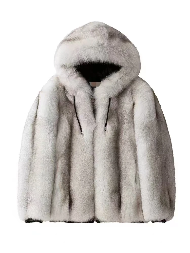 2024  Winter  Men  Warm  Fox  Fur Jacket  with Hood   Fashion  Fox  Fur  Coat for Men