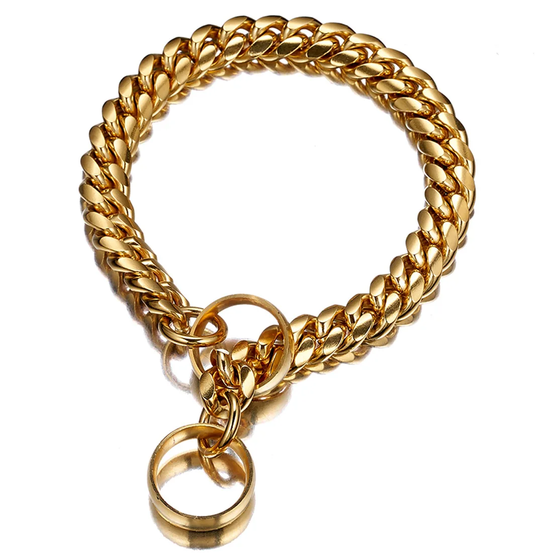 14mm Length Gold Stainless Steel Dog Chain with Black Leather cuban link dog chain