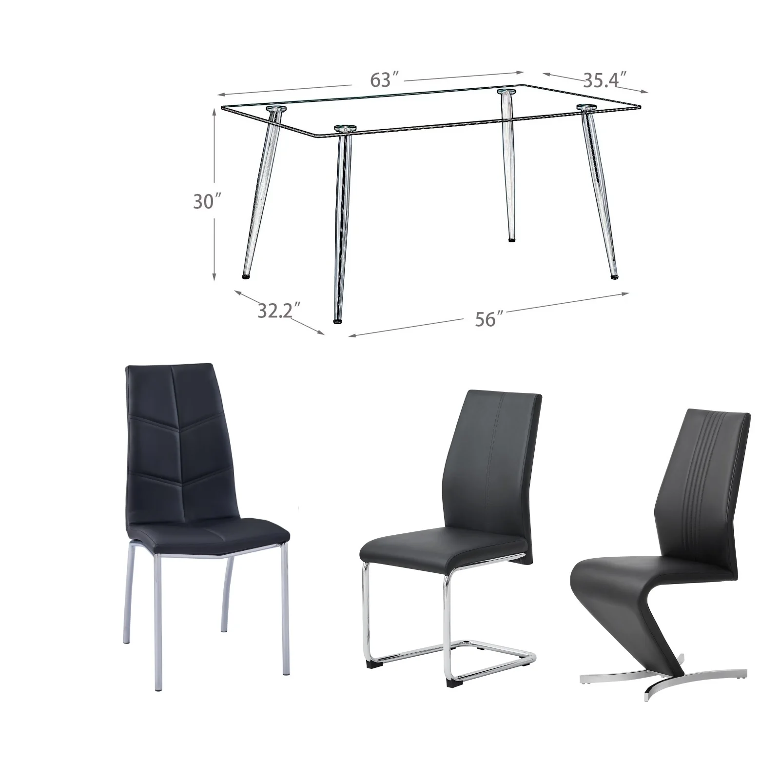 Stable And Long Lasting Rectangular Clear Glass Top Dining Table With 4 Silver Plating Metal Legs For Home Dining Room