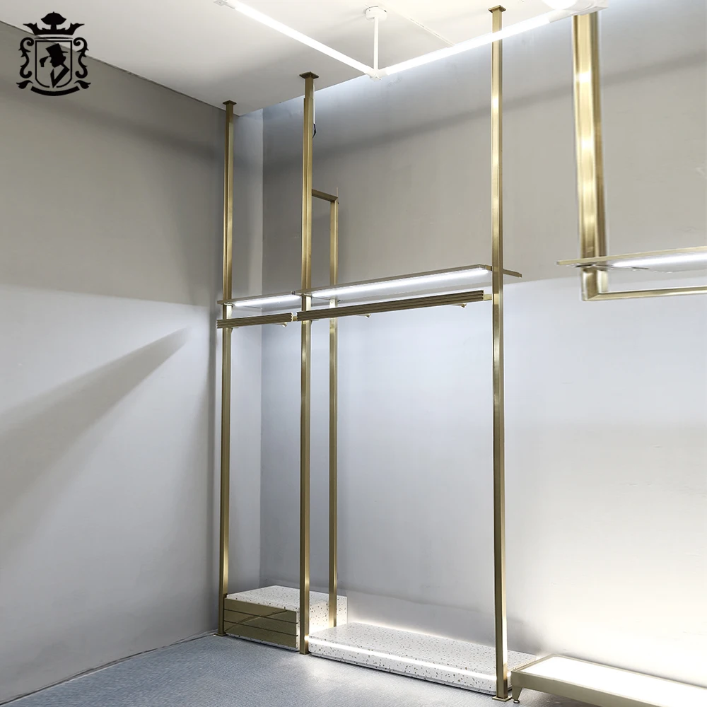 Clothes Retail Fixtures Display Rack Against Wall With LED Light Shop Fittings Wooden Clothes Shelf Stacking Racks Shelves