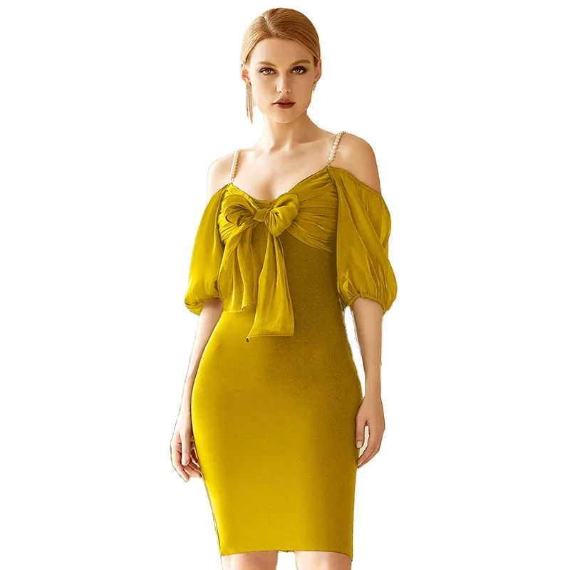 D8176 # женская новая плечевая подкладка на уменьшенного использования пластин пены футболка с короткими рукавами и жемчужной нитью, платье сексуальное Бандажное стрейч коктейльное платье