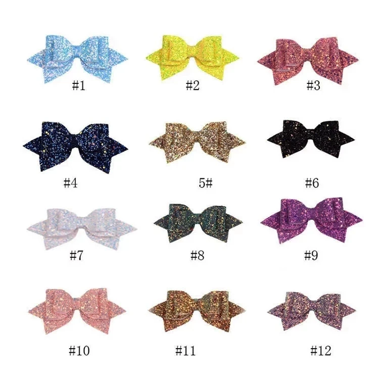 
5Inch Hair Barrette Girls Big Leather Multi Color Glitter Sequined Hair Bow With Clip 